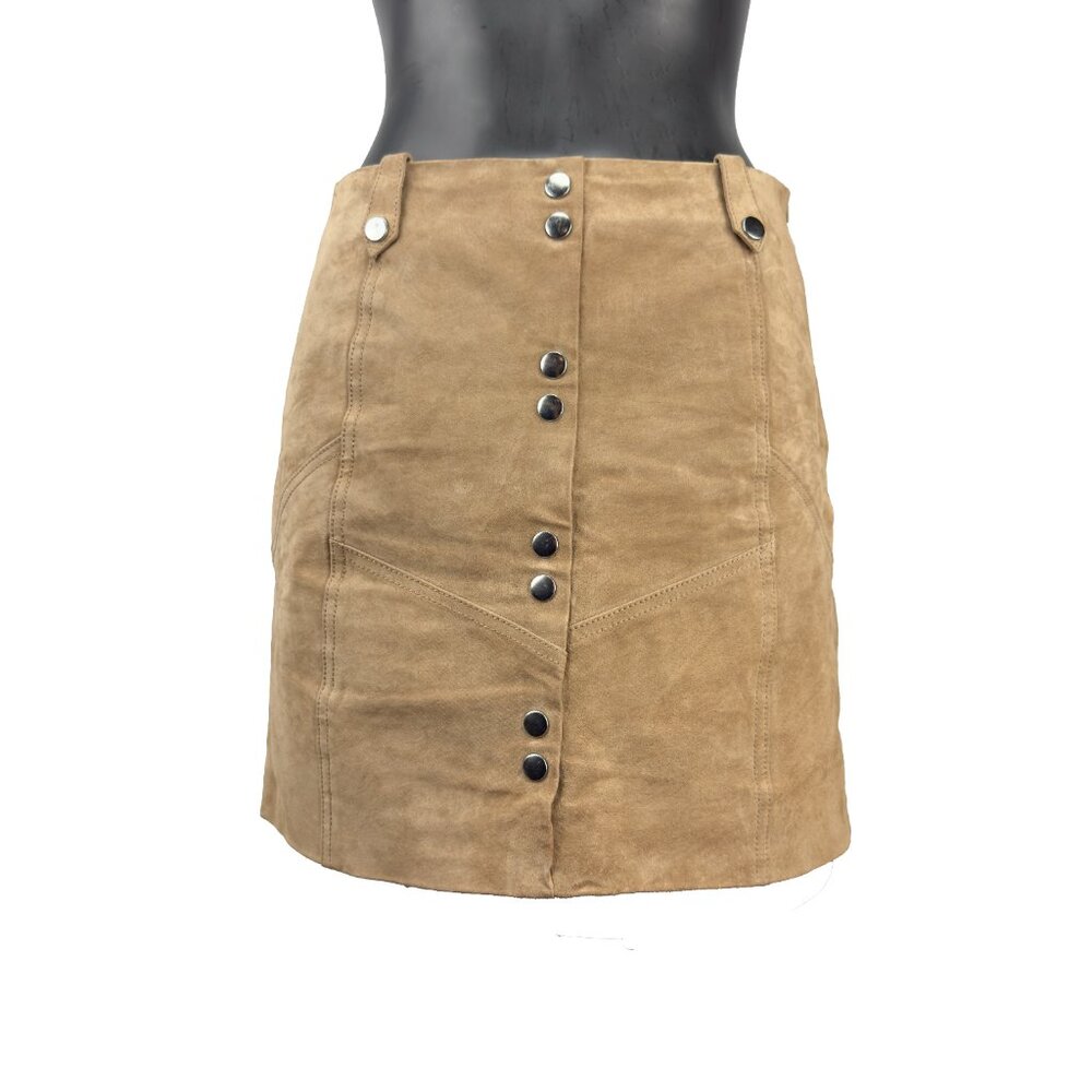 MANGO Suede‎ Western Snap Button Front Belt Loops Lined Tan Camel Mini Skirt S